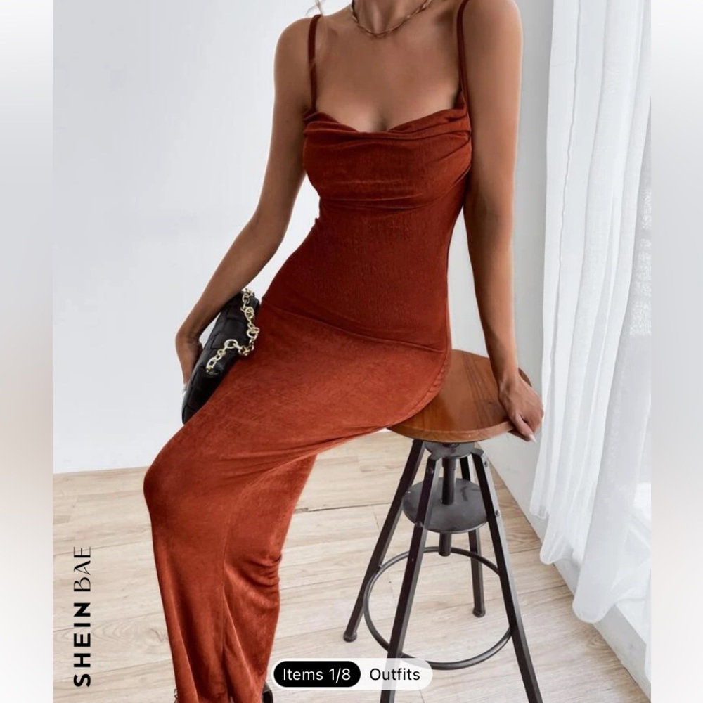 Cowl neck midi length rust orange dress